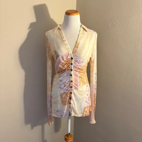 Free People Lucky Shirtee Mesh Floral Ruched Button Front Top Yellow Pink Small - Image 2