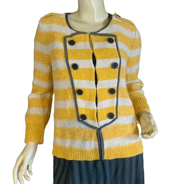 Loft Mustard Yellow, Beige & Gray Striped Cotton Cardigan Sweater (M) - Image 3
