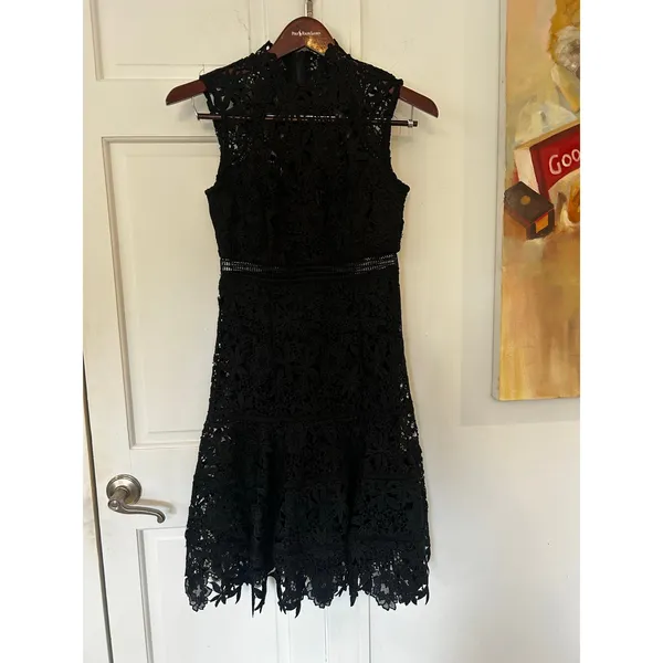 EUC Bardot Elise Womens Black Crochet Lace Cocktail Midi Dress US 6 - Image 2