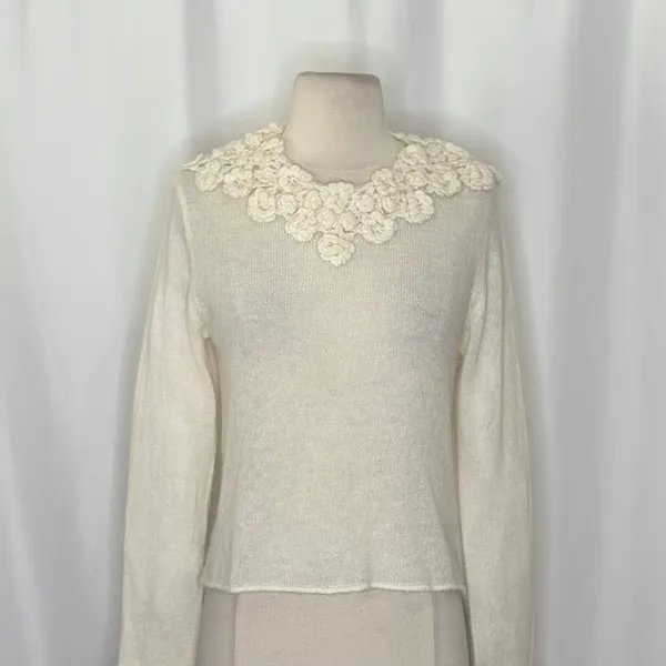 ZARA Alpaca Wool Ecru Crochet Flower Applique Sweater Blogger Favorite Small - Image 3