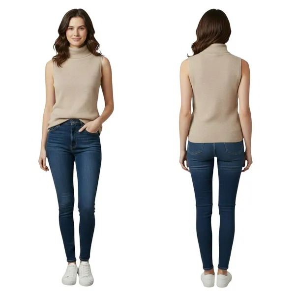 Feel The Piece Oatmeal Sleeveless Knit Turtleneck Top M/L Ribbed Luxe Boho - Image 2