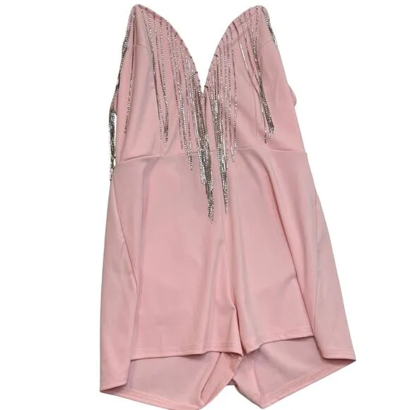 Embellished Fringed In‎ The Show Strapless Romper Size L Coquette Party Glam New - Image 3