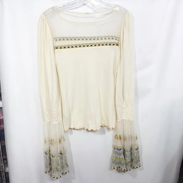 Free People Small Top Ivory Embroidered Bell Sleeve‎ Flared Boho Dramatic 696 - Image 11