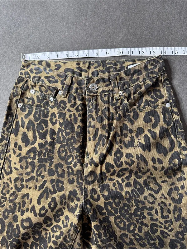 Women’s Leopard Print Wide Leg Denim Jeans Brown Black Y2K Size S NWOT - Image 2