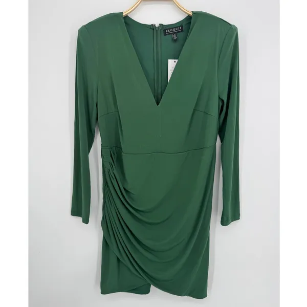 Eloquii Ruched V-Neck Sheath Dress 16 Green Long Sleeve Party Wedding Guest Chic - Image 2