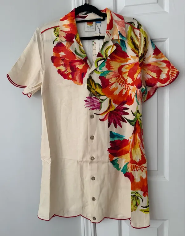 Farm Rio Floral Print Scalloped Mini Shirt Dress, Size M - Image 7