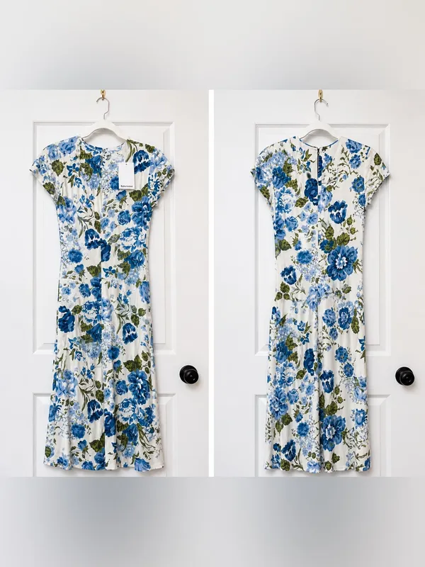 NWT Reformation Blue Floral Midi Dress Slit Ruched Cottagecore Wedding Guest - Image 5