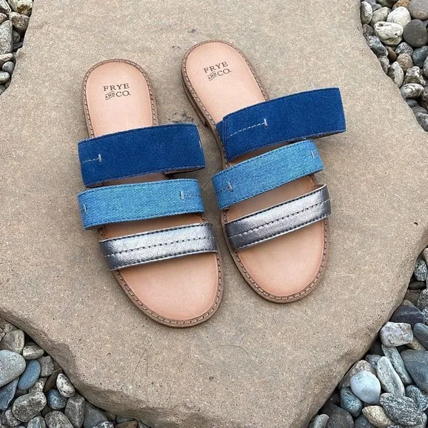 Frye and Co Womens Evie Slip On Sandals Flat Slide 3 Straps Casual Blue Size 6 M - Image 2