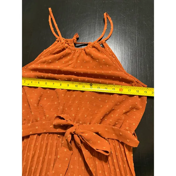 PrettyGarden Rust Orange Swiss Dot Pleated Halter Maxi Dress Womens Medium - Image 4