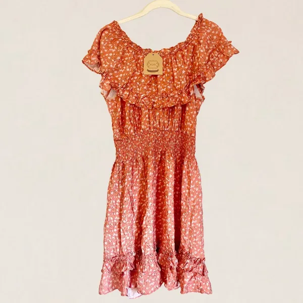 Kori America Orange Ditsy Floral Smocked Off The Shoulder‎ Mini Dress Size Small - Image 3