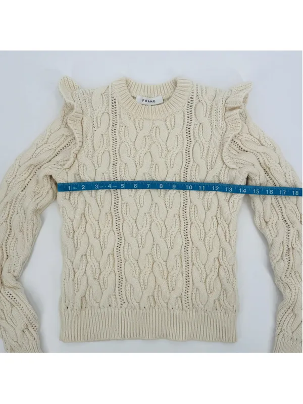 Frame Sofia Cable Knit Ruffle Sweater Beige XS - Image 9