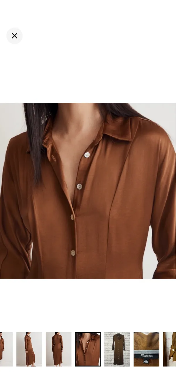 Madewell Satin Button-Front Midi Shirtdress in Cedar Like New Size 00. Satin smooth. Beautiful buttons down the front. No stretch. 50” long 14” bust From the website: Coming in a shiny satin woven with eco-friendly Lenzing™ Ecovero™ viscose fibers, this pretty midi is our modern take on the retro shirtdress. Featuring a point collar, long sleeves and buttons all down the front, it's perfect to pair with tall boots. Body-skimming fit. Length from high point of shoulder: 52" (based on size 6). 57% polyester/43% Lenzing™ Ecovero™ viscose. Do Well: Made of Lenzing™ Ecovero™, a sustainable fabric created with natural fibers and a more eco-friendly process. Machine wash. Imported. Item NO175 - Image 4