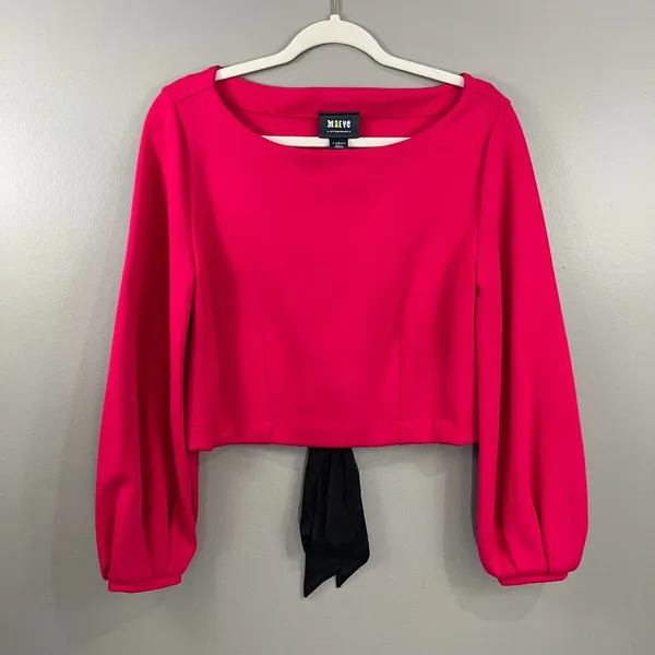 Maeve Top Women XS Pink Great Lace Up Back Puff Sleeve Crop Boat Neck - Image 4