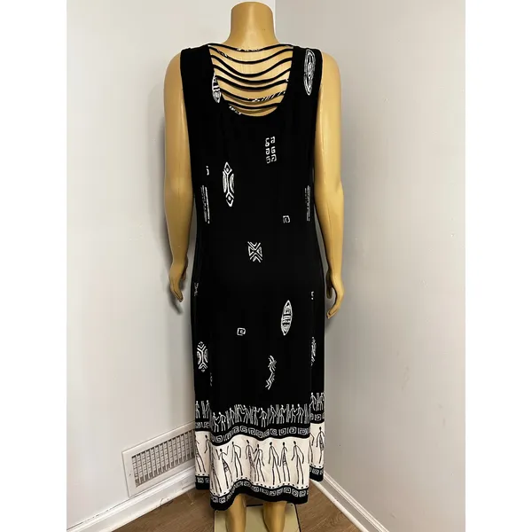Coldwater Creek Black White Tribal Print Button Front Maxi Dress Caged Back 16 - Image 5