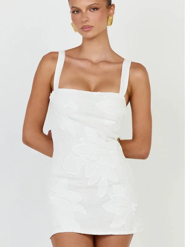Showpo White Square Neck Floral Applique Mini Dress - Image 3