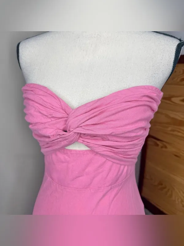 Petal & Pup Rosetta Strapless Midi Dress Pink 2 Twist Knot Linen Blend Cutout - Image 3