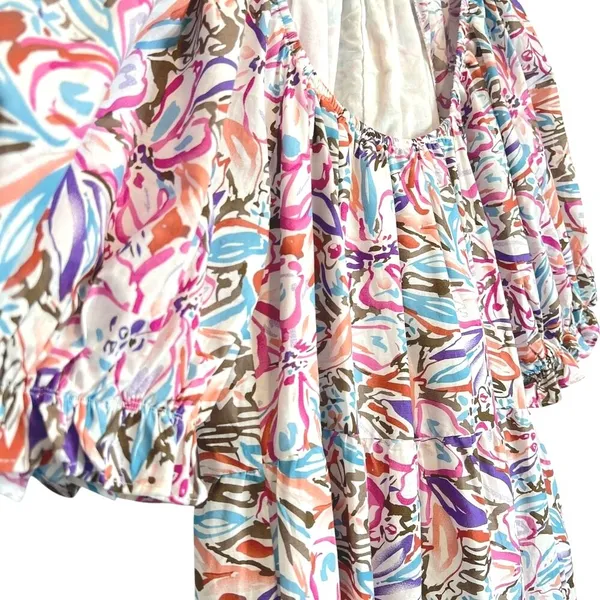 Sofie the Label Floral Midi Dress Tiered Puff Sleeve‎ M Multicolor Pockets Boho - Image 6