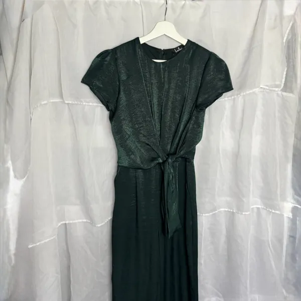 Lulus Let Me Entertain You Dark Green Satin Wide-Leg Jumpsuit - Image 4