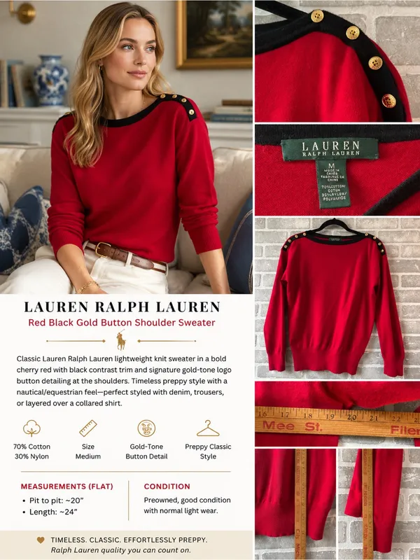 Lauren‎ Ralph Lauren Red Black Gold Button Shoulder Sweater Med Preppy Nautical - Image 2