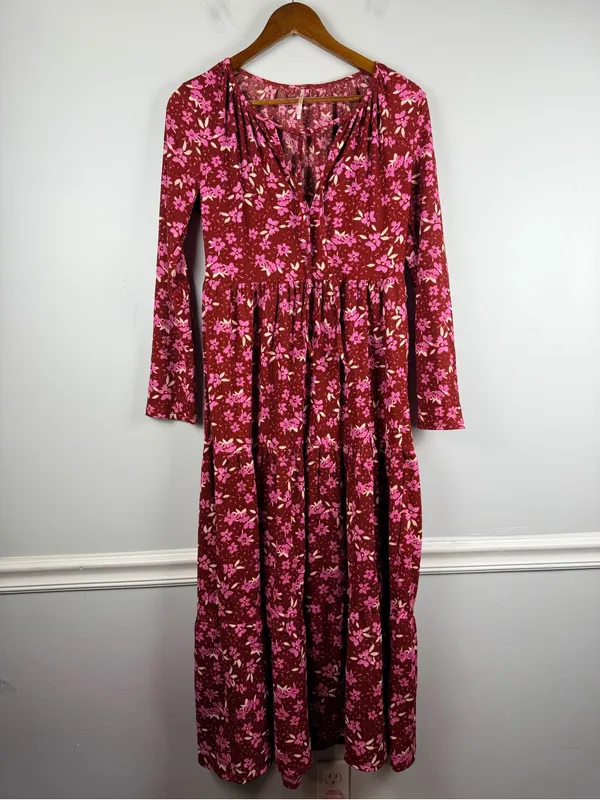 Free people Tiered Midi Dress in red multi size small - Image 3