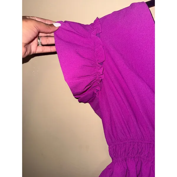 Entro Magenta Purple Ruffle Tiered Mini Dress Smocked Waist V-Neck M Barbiecore - Image 3