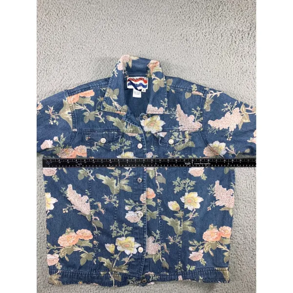 Vintage 90s Floral‎ Denim Shirt Women L Button Up Retro Western S/S Rodeo Boho - Image 4