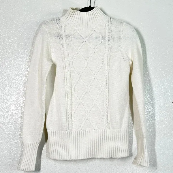 J.Crew XS Sweater Mockneck center cable-knit Ivory Fisherman Sweater 100% Cotton - Image 2