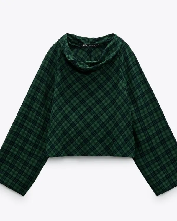 Zara Blue Green Plaid Drape Neck Blouse Shirt Top Preppy Lightweight S - Image 2