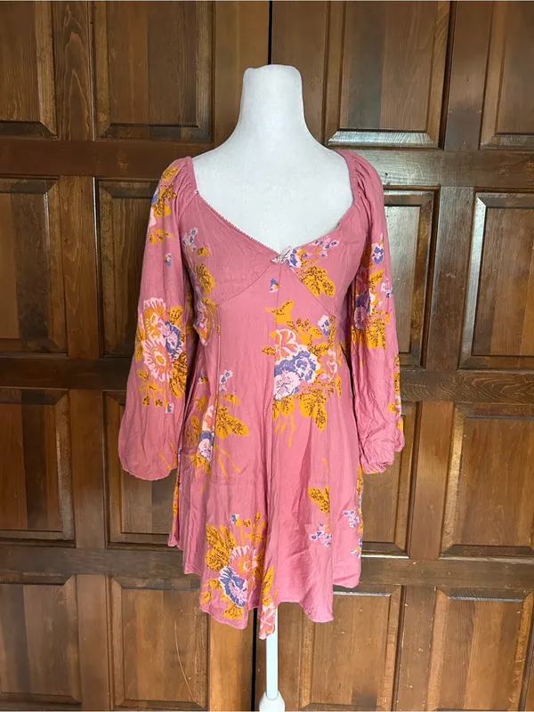 Free People Francesca Mini Dress Dawn Rose Combo Floral Balloon Sleeve XS - Image 3