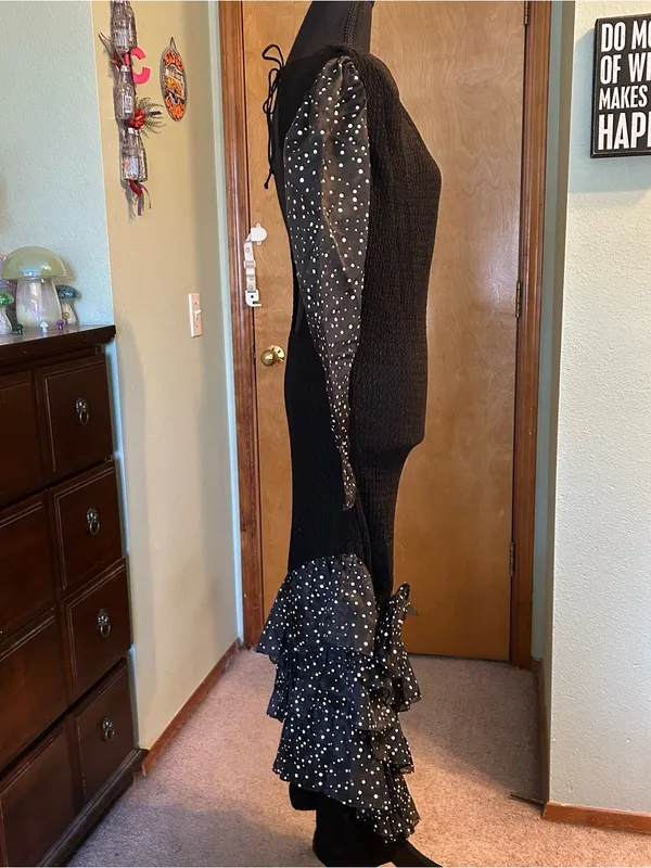 Nuance 80s black textured flamenco style dress chiffon polka dot accents size M - Image 2