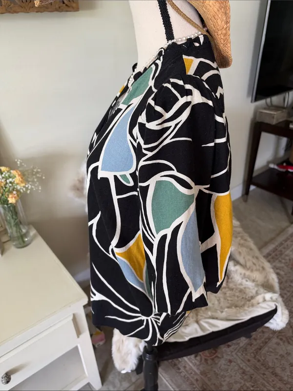 Ann Taylor black linen blend multicolor tropical puff sleeve blouse top M - Image 7