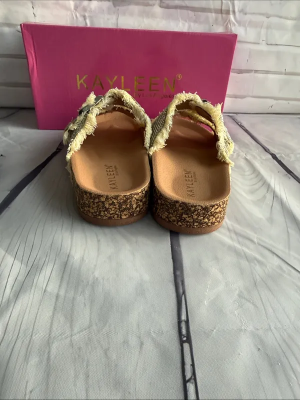KAYLEEN By Los Angeles Stevie in Yellow Frayed Double-Buckle Rhinestone Slides - Image 5