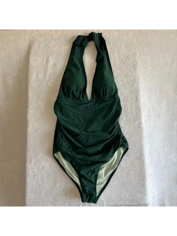 Cupshe NEW Women's Green Ruched Halter Top Swimsuit Swimwear Size Large #26034 - Image 4