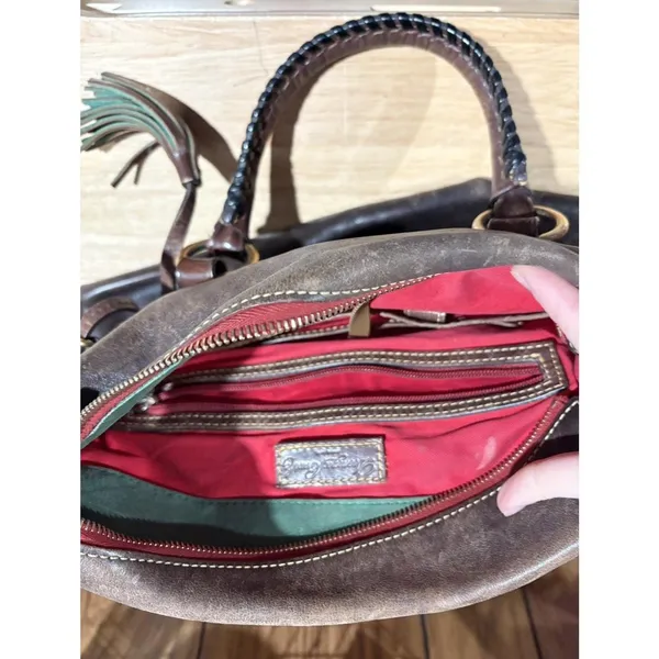 Vintage Dooney & Bourke Brown Leather 10.5" Red Zipper Panel With Brass Hardware - Image 4