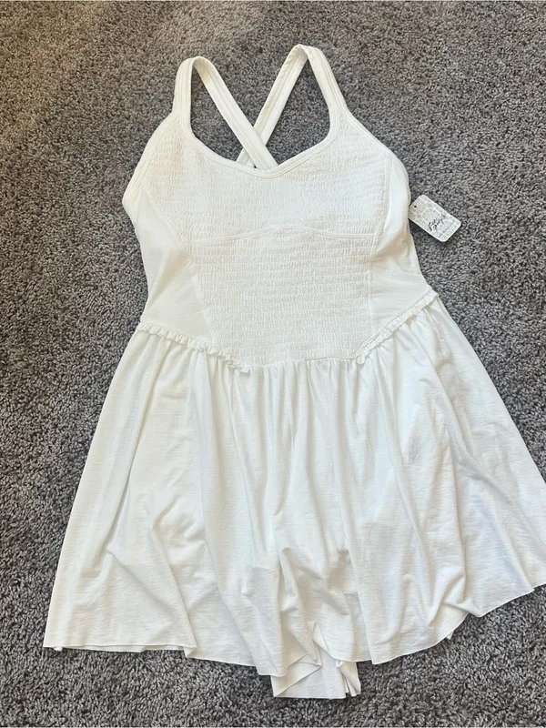 Free People Cream Smocked Mini Dress with Crossback Straps - Image 2