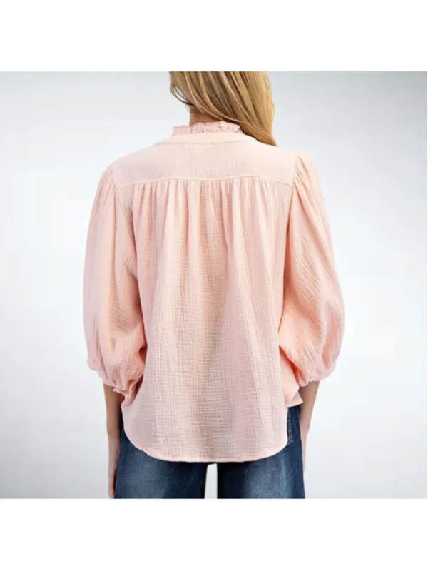 Size S Easel Los Angeles Embroidered Cotton Gauze Shirt Top in Blush - Image 3