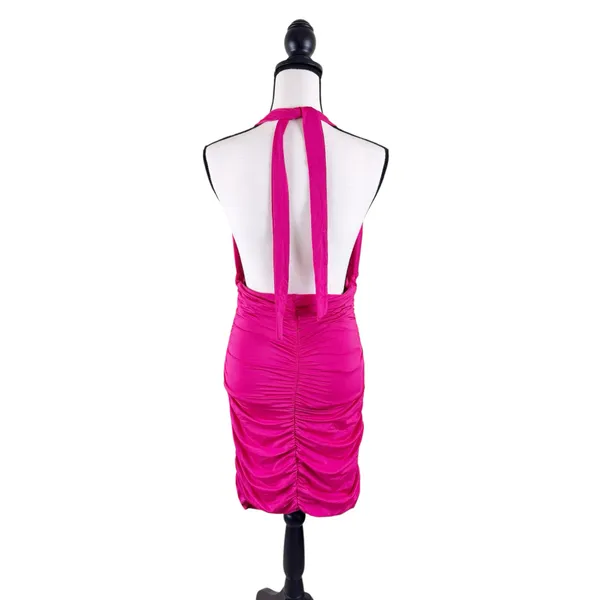 Amazon Hot Pink Halter Ruched Bodycon Dress Silver Ring Detail Size Medium - Image 3