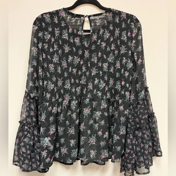 American Eagle Dark Floral Smocked Bell Sleeve Top Whimsigoth Fairy 70s Blouse M - Image 12