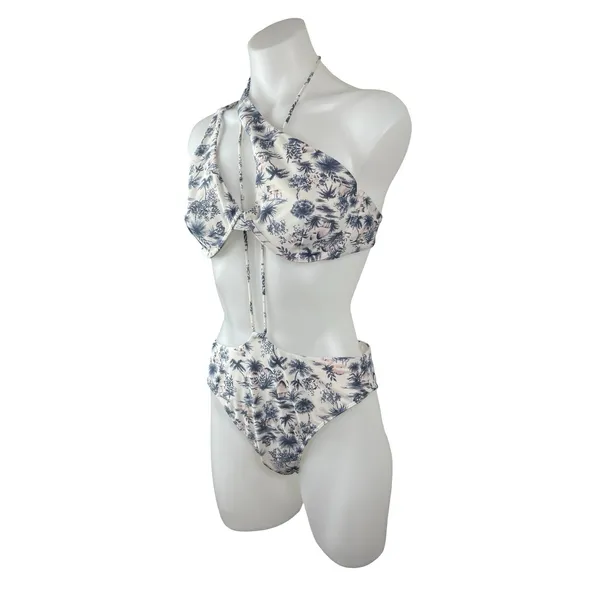 Abercrombie & Fitch White Blue Floral One Shoulder 2 Pc Bikini Set Swimwear Sz M - Image 3