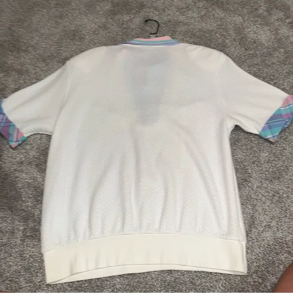 Vintage Koret Francisca White Textured Short Sleeve polo With Plaid Accents sz M - Image 5