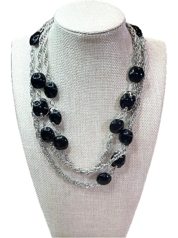 INC International Concepts Vintage Y2K Long Silver Tone Rope Chain Black Cabocho - Image 6