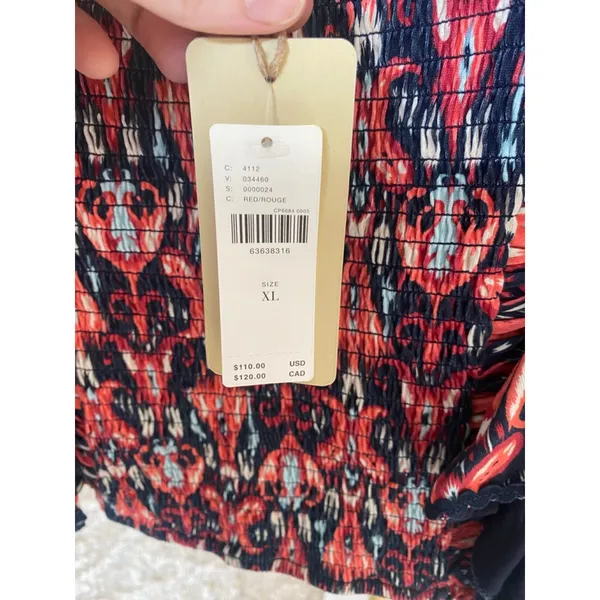 Anthropologie Let Me Be Boho Smocked Ikat Blouse Ruffle Sleeve‎ Romantic Peasant Top XL Boho - Image 5