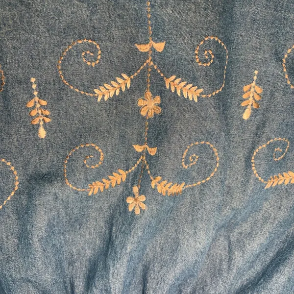 Passports Embroidered Denim Maxi Skirt XL Blue Cotton Tiered Boho Cottagecore - Image 2