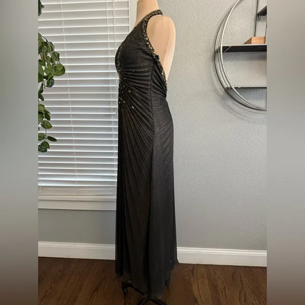 Sue‎ Wong Nocturne Halter Pleated Beaded Gown Size 8 Travilla Style Black & Gold - Image 3