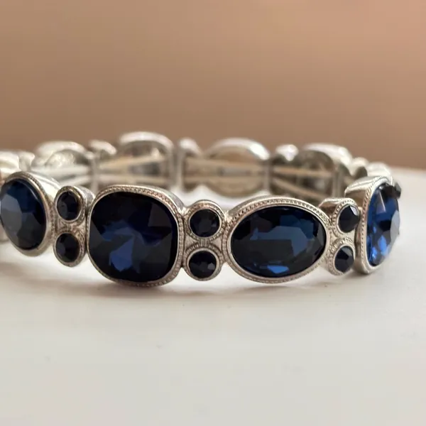Silver Tone Blue Crystal Stretch Bracelet - Image 3