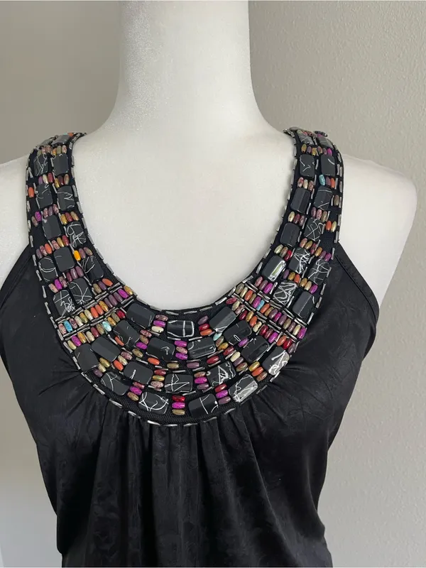 Iz Byer Black Tank Top with Multicolor Beaded Neckline - Image 2