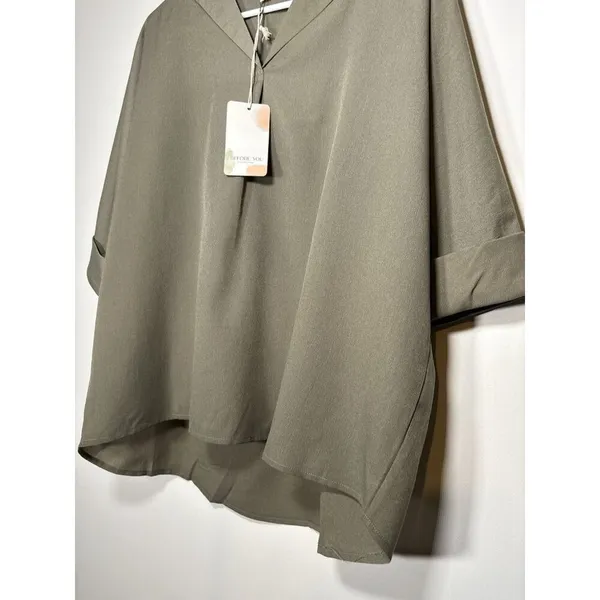 BEFORE YOU Short Sleeve V-Neck Collared Blouse‎ Olive Green NWT Lagenlook Medium - Image 3