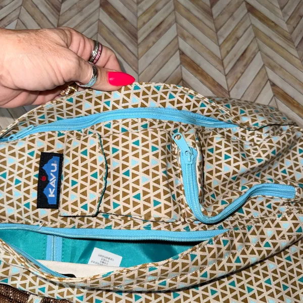 KAVU Rope Sling Backpack Geometric Print Adjustable Strap‎ Teal Tan Brown Travel - Image 8