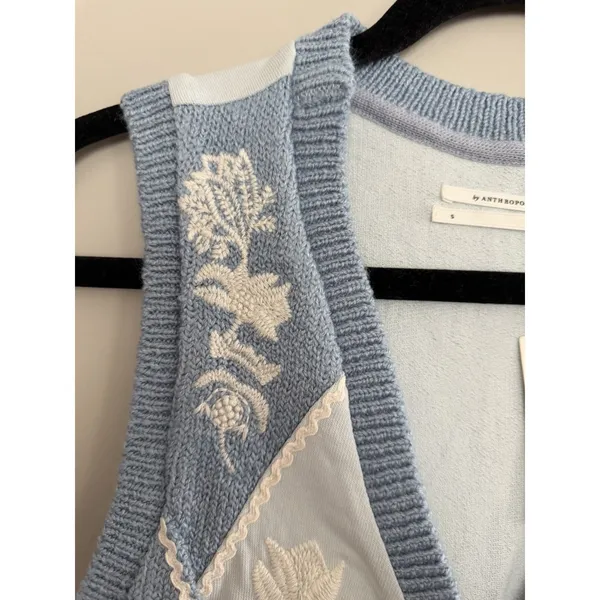 Anthropologie Embroidered Sweater Vest Blue Women's Size Small‎ - Image 7