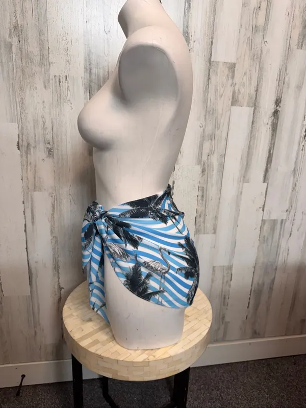 SheIn Flamingo Palm Tree Striped Tie Side Sarong Mini Swim Skirt Cover Up One Size Blu - Image 4